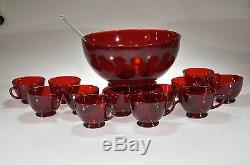 VINTAGE ROYAL RUBY Anchor Hocking PUNCH BOWL SET Bowl, Stand, 12 Cups & Ladle