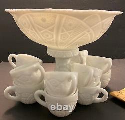 VNTG 1950 Thatcher McKee White Milk Glass Punch Bowl Set with 12 Cups Gorgeous