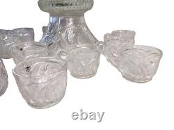 VTG 1970s L. E. Smith Clear Crystal Glass McKee Aztec Punch Bowl Set 14 piece