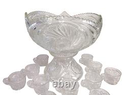 VTG 1970s L. E. Smith Clear Crystal Glass McKee Aztec Punch Bowl Set 14 piece