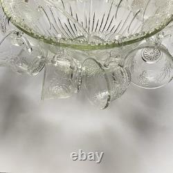 VTG 7qt Indiana Glass PRINCESS CRYSTAL Punch Bowl 11 Cups 22 Hooks 1 Ladle READ