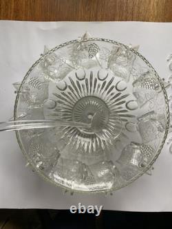 VTG 7qt Indiana Glass PRINCESS CRYSTAL Punch Bowl 11 Cups 22 Hooks 1 Ladle READ VTG 7qt Indiana Glass PRINCESS CRYSTAL Punch Bowl 11 Cups 22 Hooks 1 Ladle READ