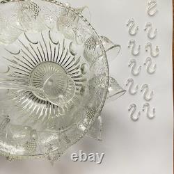 VTG 7qt Indiana Glass PRINCESS CRYSTAL Punch Bowl 11 Cups 22 Hooks 1 Ladle READ