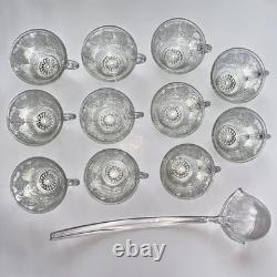 VTG 7qt Indiana Glass PRINCESS CRYSTAL Punch Bowl 11 Cups 22 Hooks 1 Ladle READ