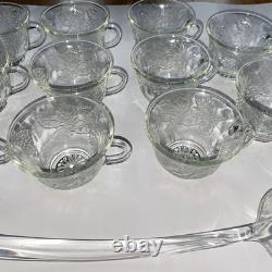 VTG 7qt Indiana Glass PRINCESS CRYSTAL Punch Bowl 11 Cups 22 Hooks 1 Ladle READ