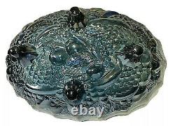 VTG. AQUA Blue Leafs & Large Grapes iridescence footed Oval punch bowl Indiana