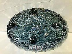 VTG. AQUA Blue Leafs & Large Grapes iridescence footed Oval punch bowl Indiana