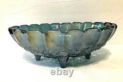 VTG. AQUA Blue Leafs & Large Grapes iridescence footed Oval punch bowl Indiana