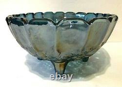 VTG. AQUA Blue Leafs & Large Grapes iridescence footed Oval punch bowl Indiana