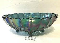 VTG. AQUA Blue Leafs & Large Grapes iridescence footed Oval punch bowl Indiana