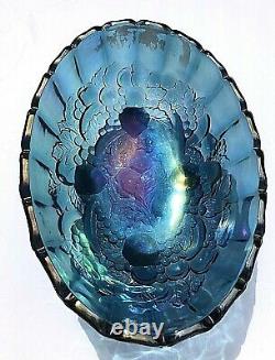 VTG. AQUA Blue Leafs & Large Grapes iridescence footed Oval punch bowl Indiana