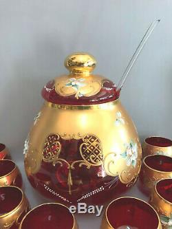 VTG Bohemian Art Glass Cranberry Punch Set Bowl &10 Cups Gold, Enamel Flowers