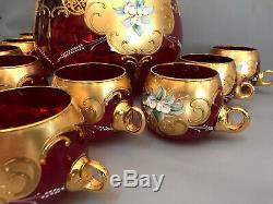 VTG Bohemian Art Glass Cranberry Punch Set Bowl &10 Cups Gold, Enamel Flowers