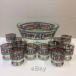 VTG Cera Merry Christmas Holly Stained Glass Punch Bowl & 12 Glass Set VGUC