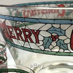 VTG Cera Merry Christmas Holly Stained Glass Punch Bowl & 12 Glass Set VGUC