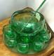 VTG Cocktail Bowle, Punch Bowl with Swizzle Stick, Hand Blown Green Bubble Glass