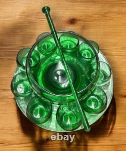 VTG Cocktail Bowle, Punch Bowl with Swizzle Stick, Hand Blown Green Bubble Glass