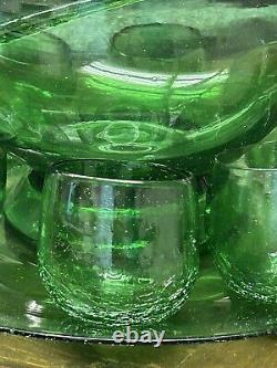 VTG Cocktail Bowle, Punch Bowl with Swizzle Stick, Hand Blown Green Bubble Glass