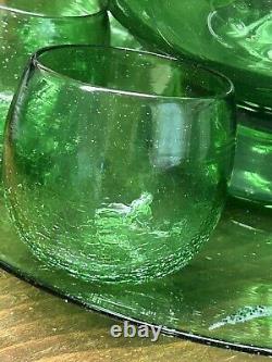 VTG Cocktail Bowle, Punch Bowl with Swizzle Stick, Hand Blown Green Bubble Glass