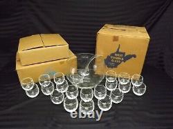 VTG Diamond Optic West Virginia Glass Punch bowl Ladle & 20 Roly Poly Glasses