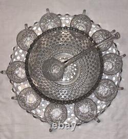 VTG Duncan Miller Clear Bubble Glass Hobnail Punch Bowl, Platter, Ladle, 10Cups