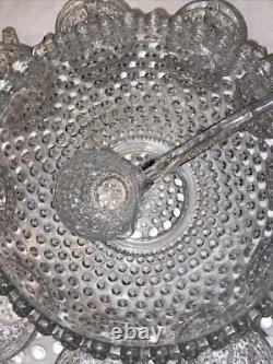 VTG Duncan Miller Clear Bubble Glass Hobnail Punch Bowl, Platter, Ladle, 10Cups