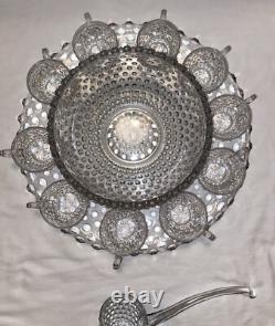 VTG Duncan Miller Clear Bubble Glass Hobnail Punch Bowl, Platter, Ladle, 10Cups