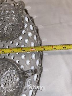 VTG Duncan Miller Clear Bubble Glass Hobnail Punch Bowl, Platter, Ladle, 10Cups