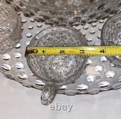 VTG Duncan Miller Clear Bubble Glass Hobnail Punch Bowl, Platter, Ladle, 10Cups
