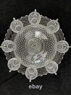 VTG Duncan Miller Clear Bubble Glass Hobnail Punch Bowl, Platter with 8 Cups