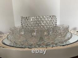 VTG Duncan Miller Clear Bubble Glass Hobnail Punch Bowl Set Ladle Plate Cups