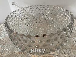 VTG Duncan Miller Clear Bubble Glass Hobnail Punch Bowl Set Ladle Plate Cups