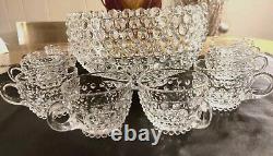 VTG Duncan Miller Clear Glass Hobnail Punch Bowl, Ladle, 10 Cups. Mint Cond 883G