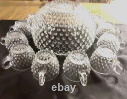 VTG Duncan Miller Clear Glass Hobnail Punch Bowl, Ladle, 10 Cups. Mint Cond 883G