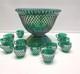 VTG Fenton Green Carnival Glass Ruffle Hobnail Punch Bowl Stand 12 Cups