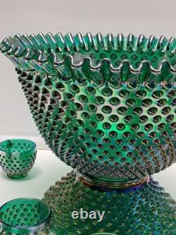 VTG Fenton Green Carnival Glass Ruffle Hobnail Punch Bowl Stand 12 Cups
