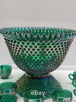 VTG Fenton Green Carnival Glass Ruffle Hobnail Punch Bowl Stand 12 Cups