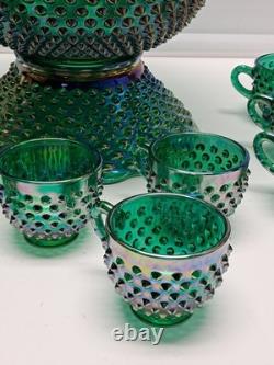 VTG Fenton Green Carnival Glass Ruffle Hobnail Punch Bowl Stand 12 Cups
