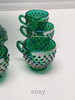 VTG Fenton Green Carnival Glass Ruffle Hobnail Punch Bowl Stand 12 Cups