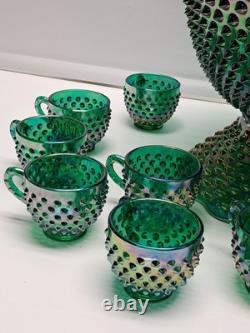 VTG Fenton Green Carnival Glass Ruffle Hobnail Punch Bowl Stand 12 Cups