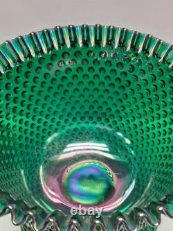VTG Fenton Green Carnival Glass Ruffle Hobnail Punch Bowl Stand 12 Cups