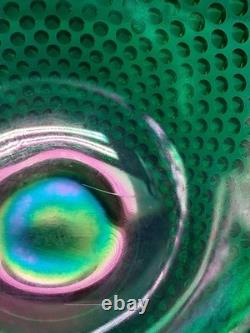 VTG Fenton Green Carnival Glass Ruffle Hobnail Punch Bowl Stand 12 Cups