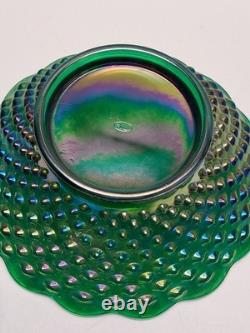VTG Fenton Green Carnival Glass Ruffle Hobnail Punch Bowl Stand 12 Cups