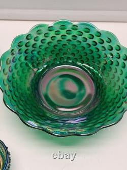 VTG Fenton Green Carnival Glass Ruffle Hobnail Punch Bowl Stand 12 Cups