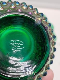 VTG Fenton Green Carnival Glass Ruffle Hobnail Punch Bowl Stand 12 Cups