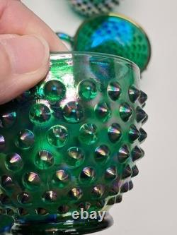 VTG Fenton Green Carnival Glass Ruffle Hobnail Punch Bowl Stand 12 Cups
