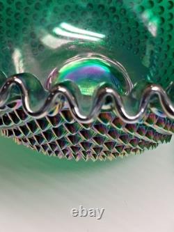 VTG Fenton Green Carnival Glass Ruffle Hobnail Punch Bowl Stand 12 Cups