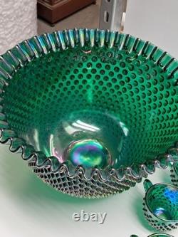 VTG Fenton Green Carnival Glass Ruffle Hobnail Punch Bowl Stand 12 Cups