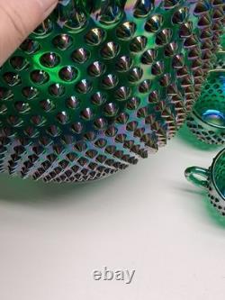 VTG Fenton Green Carnival Glass Ruffle Hobnail Punch Bowl Stand 12 Cups