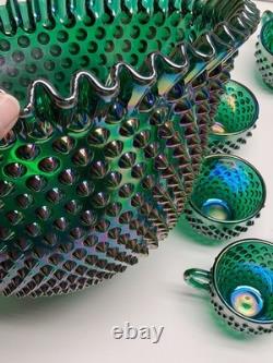 VTG Fenton Green Carnival Glass Ruffle Hobnail Punch Bowl Stand 12 Cups